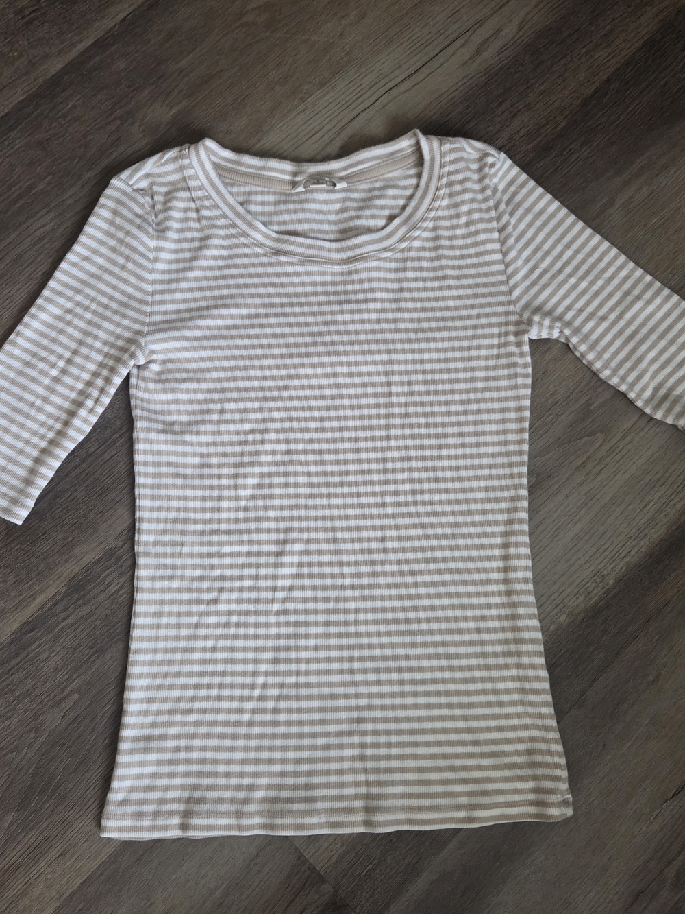 Banana Republic Cream and White Striped Scoop Neck 3/4 Sleeve Ribbed Top Sz S